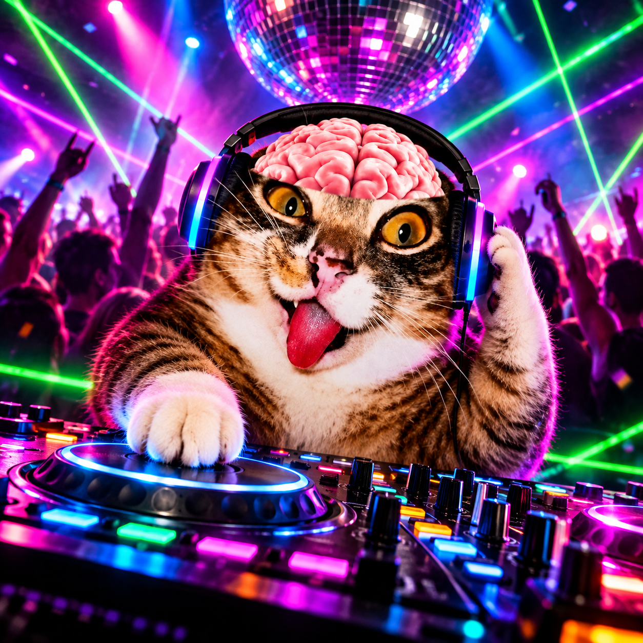 Meme Infection DJ at a neon nightclub