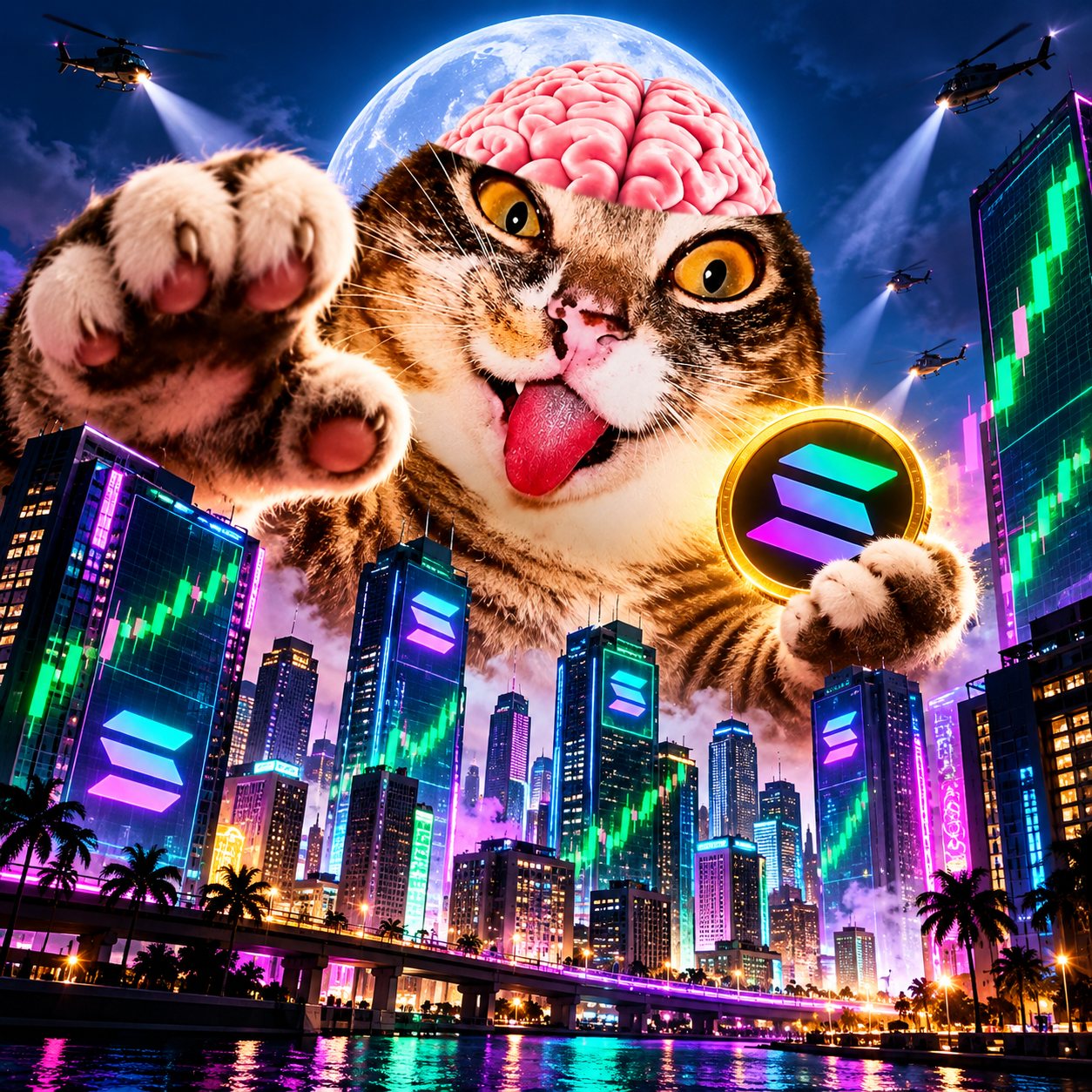 Giant Meme Infection character above a neon city